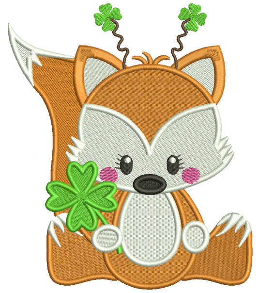 Little Fox Holding Shamrock Filled St. Patrick's Day Machine Embroidery Design Digitized Pattern