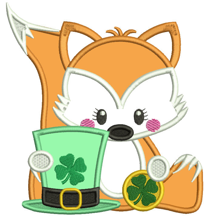 Little Fox Holding a Hat With Shamrock Applique St. Patrick's Day Machine Embroidery Design Digitized Pattern