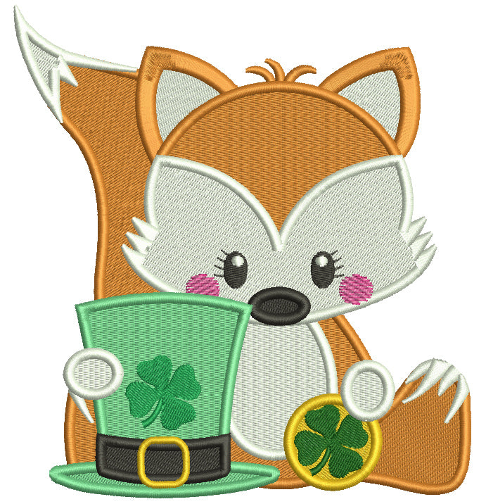 Little Fox Holding a Hat With Shamrock Filled St. Patrick's Day Machine Embroidery Design Digitized Pattern