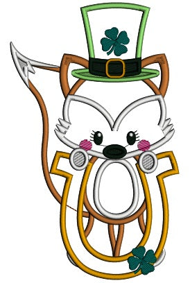 Little Fox Holding a Horseshoe With Shamrock Applique St. Patrick's Day Machine Embroidery Design Digitized Pattern