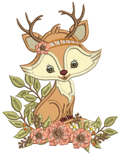 Little Fox With Antlers And Flowers Applique Machine Embroidery Design Digitized Pattern