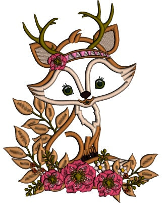 Little Fox With Antlers And Flowers Applique Machine Embroidery Design Digitized Pattern