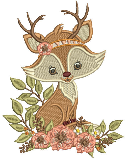 Little Fox With Antlers And Flowers Filled Machine Embroidery Design Digitized Pattern