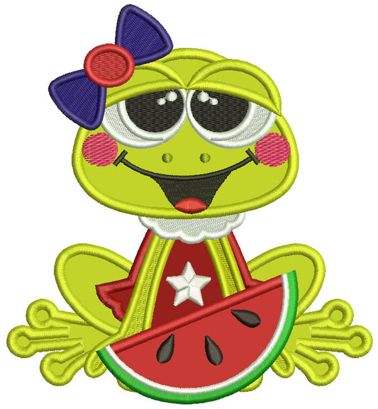 Little Frog Eating Watermelon Applique Machine Embroidery Design Digitized Pattern