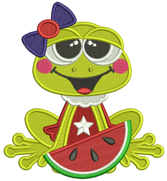 Little Frog Eating Watermelon Filled Machine Embroidery Design Digitized Pattern
