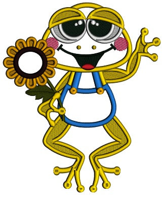 Little Frog Holding Sunflower Fall Applique Machine Embroidery Design Digitized Pattern