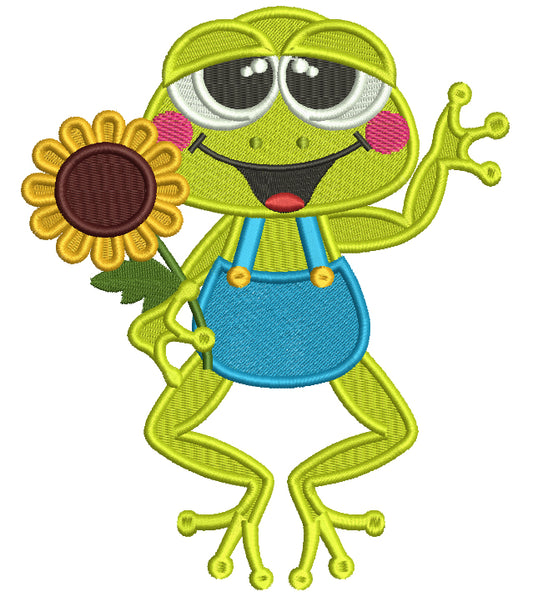Little Frog Holding Sunflower Fall Filled Machine Embroidery Design Digitized Pattern