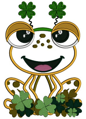 Little Frog In The Filed Of Shamrocks Applique St. Patrick's Day Machine Embroidery Design Digitized Pattern