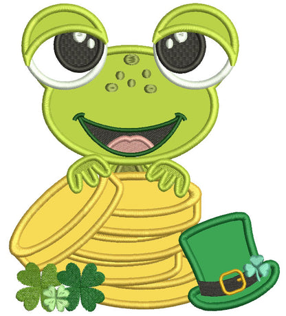 Little Frog With Gold Coins Applique St. Patrick's Day Machine Embroidery Design Digitized Pattern