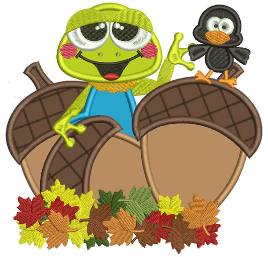 Little Frog With a Bird And Acorns Fall Applique Machine Embroidery Design Digitized Pattern