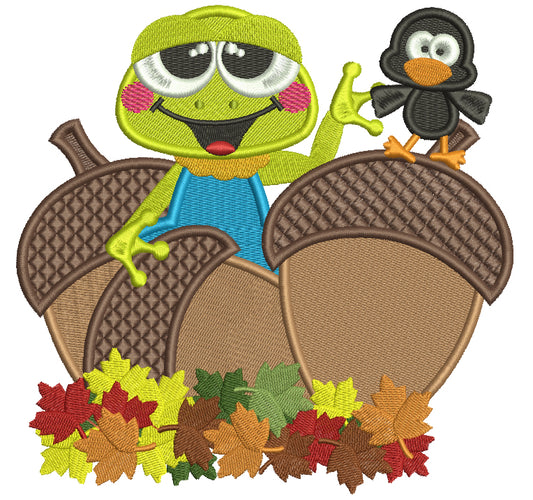 Little Frog With a Bird And Acorns Fall Filled Machine Embroidery Design Digitized Pattern