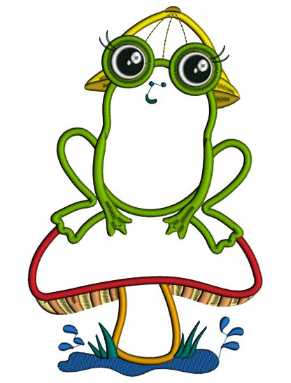 Little Frog on a Mushroom Applique Machine Embroidery Digitized Design Pattern