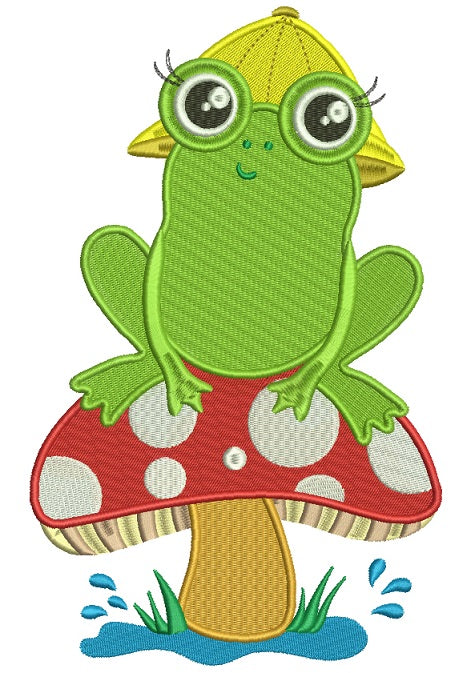 Little Frog on a Mushroom Filled Machine Embroidery Digitized Design Pattern