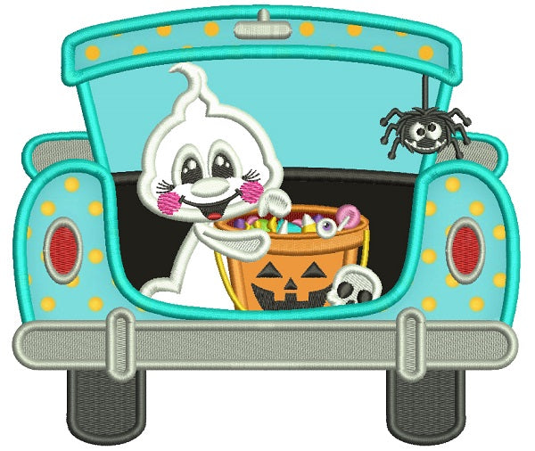 Little Ghost With Candy In The Trunk Of a Car Halloween Applique Machine Embroidery Design Digitized Pattern