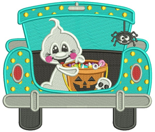 Little Ghost With Candy In The Trunk Of a Car Halloween Filled Machine Embroidery Design Digitized Pattern