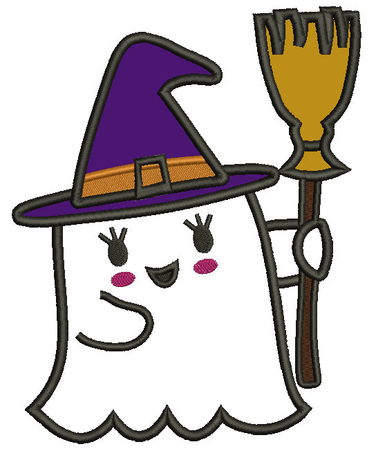 Little Ghost With a Broom Halloween Applique Machine Embroidery Design Digitized Pattern