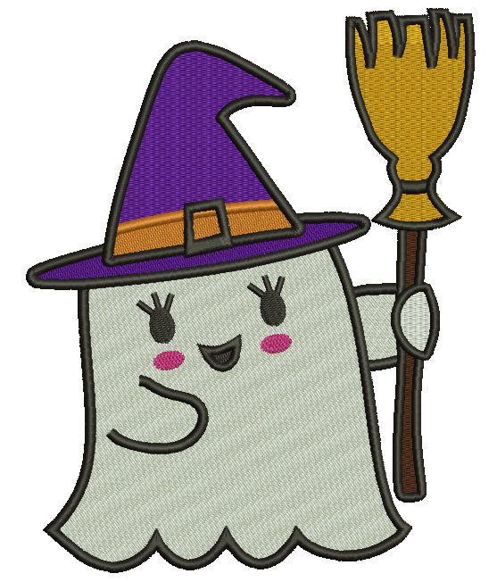 Little Ghost With a Broom Halloween Filled Machine Embroidery Design Digitized Pattern