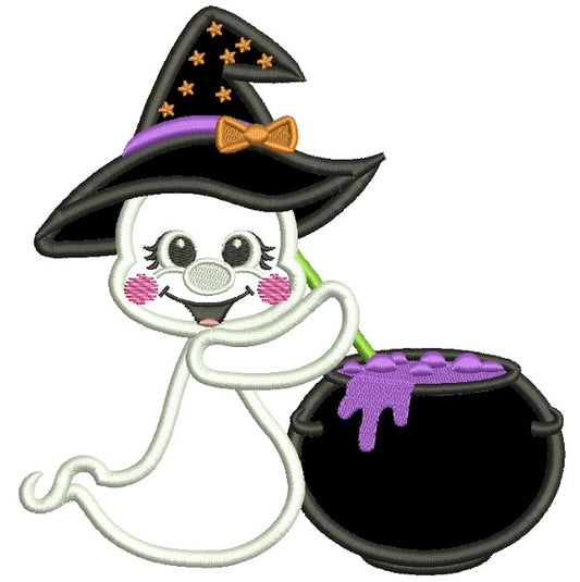 Little Ghost Wizard Stirring The Pot Applique Halloween Machine Embroidery Design Digitized Pattern