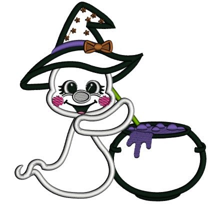 Little Ghost Wizard Stirring The Pot Applique Halloween Machine Embroidery Design Digitized Pattern