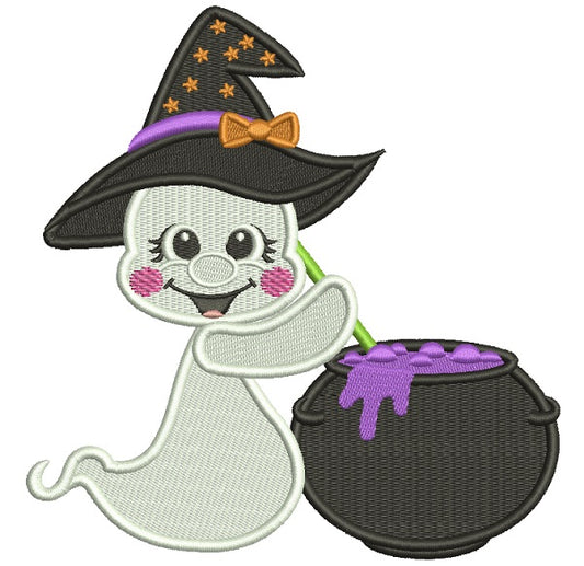 Little Ghost Wizard Stirring The Pot Filled Halloween Machine Embroidery Design Digitized Pattern
