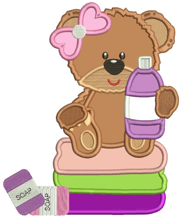 Little Girl Bear Holding Shampoo Bottle Applique Machine Embroidery Design Digitized Pattern
