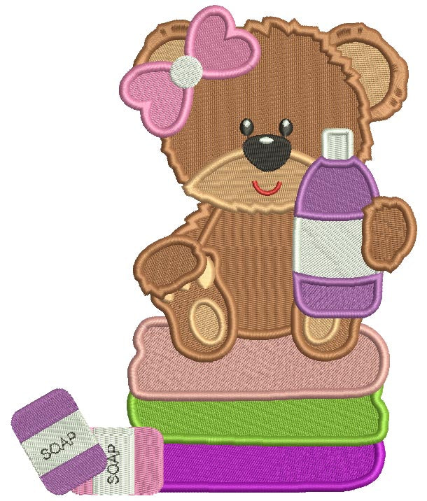 Little Girl Bear Holding Shampoo Bottle Filled Machine Embroidery Design Digitized Pattern