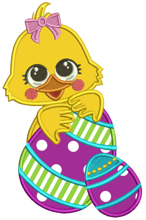 Little Girl Chick Holding Fancy Easter Egg Applique Machine Embroidery Design Digitized Pattern