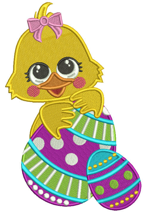 Little Girl Chick Holding Fancy Easter Egg Filled Machine Embroidery Design Digitized Pattern