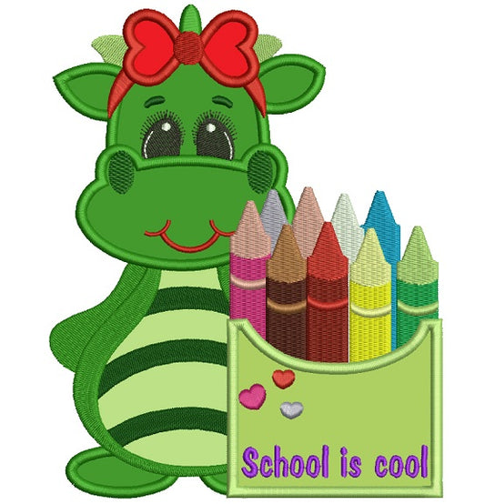 Little Girl Dino Going To School Applique Machine Embroidery Digitized Design Pattern