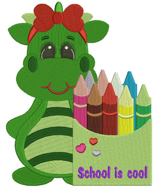Little Girl Dino Going To School Filled Machine Embroidery Digitized Design Pattern