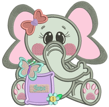 Little Girl Elephant Holding Flower Seeds Applique Machine Embroidery Design Digitized Pattern