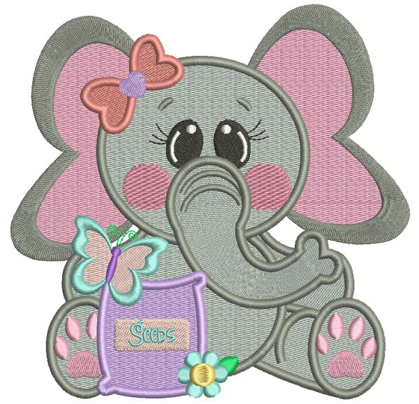 Little Girl Elephant Holding Flower Seeds Filled Machine Embroidery Design Digitized Pattern