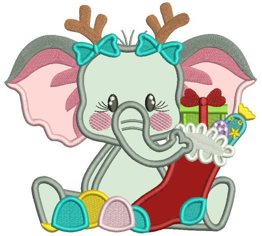 Little Girl Elephant With a Christmas Stocking Full Of Toys Applique Machine Embroidery Design Digitized Pattern