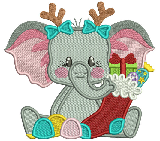 Little Girl Elephant With a Christmas Stocking Full Of Toys Filled Machine Embroidery Design Digitized Pattern