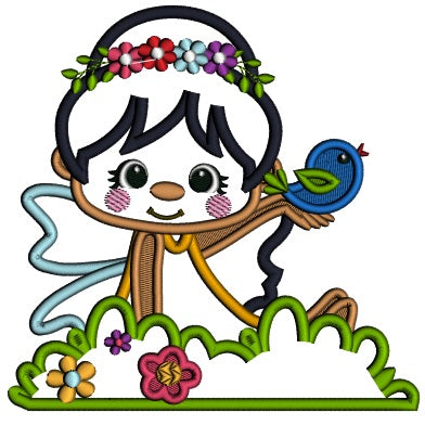 Little Girl Fairy Holding Bird In Her Hand Easter Applique Machine Embroidery Design Digitized Pattern