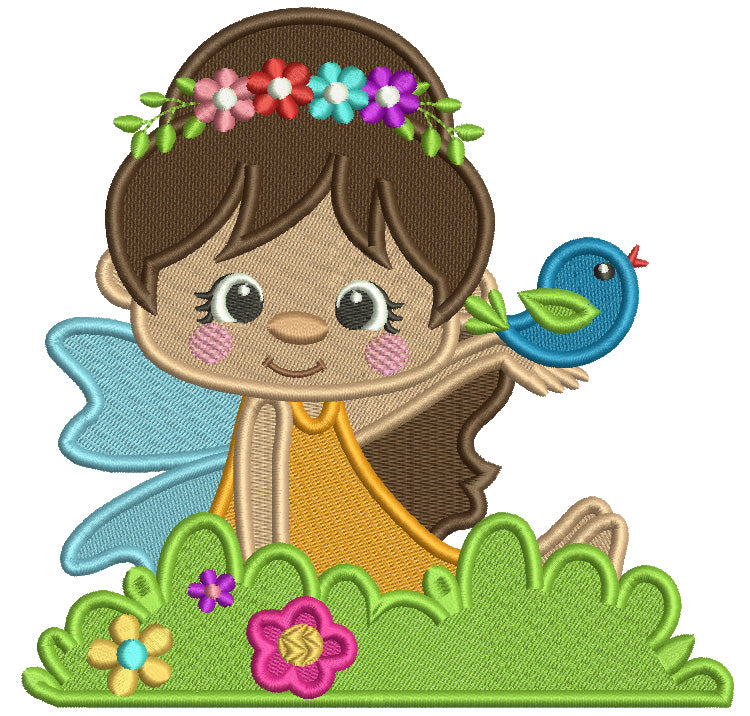 Little Girl Fairy Holding Bird In Her Hand Easter Filled Machine Embroidery Design Digitized Pattern