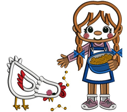 Little Girl Feeding a Rooster Applique Machine Embroidery Digitized Design Pattern