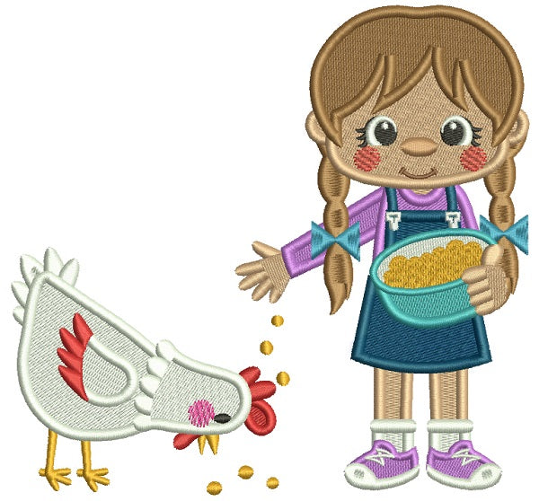 Little Girl Feeding a Rooster Filled Machine Embroidery Digitized Design Pattern