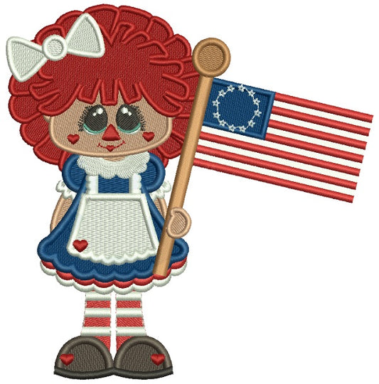 Little Girl Holding American Flag Filled Machine Embroidery Design Digitized Pattern