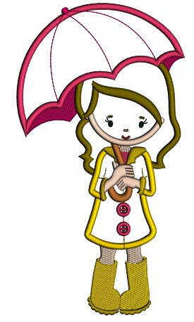 Little Girl Holding Umbrella Applique Machine Embroidery Digitized Design Pattern