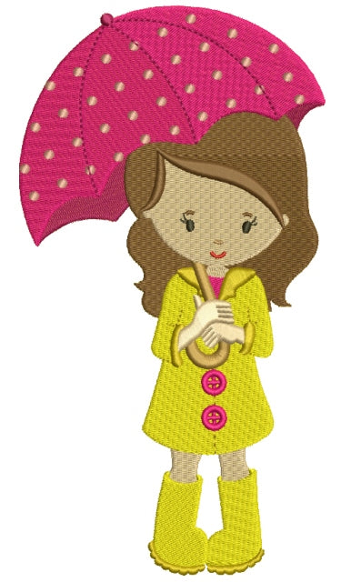 Little Girl Holding Umbrella Filled Machine Embroidery Digitized Design Pattern