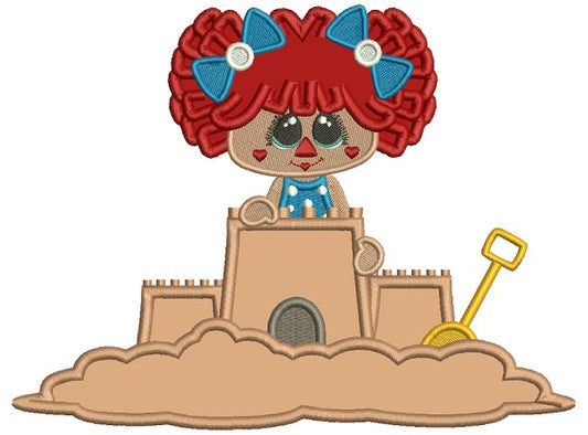 Little Girl Playing Building a Sand Castle Applique Machine Embroidery Design Digitized Pattern