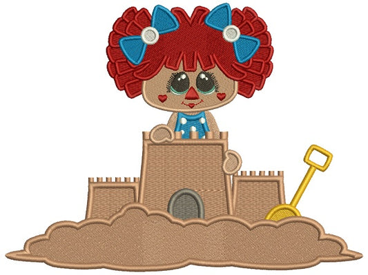 Little Girl Playing Building a Sand Castle Filled Machine Embroidery Design Digitized Pattern