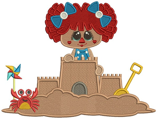 Little Girl Playing Building a Sand Castle With a Crab Filled Machine Embroidery Design Digitized Pattern