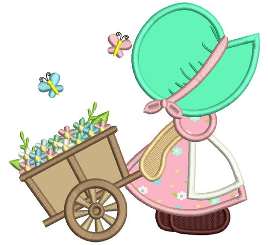 Little Girl Pulling Easter Cart Applique Machine Embroidery Design Digitized Pattern