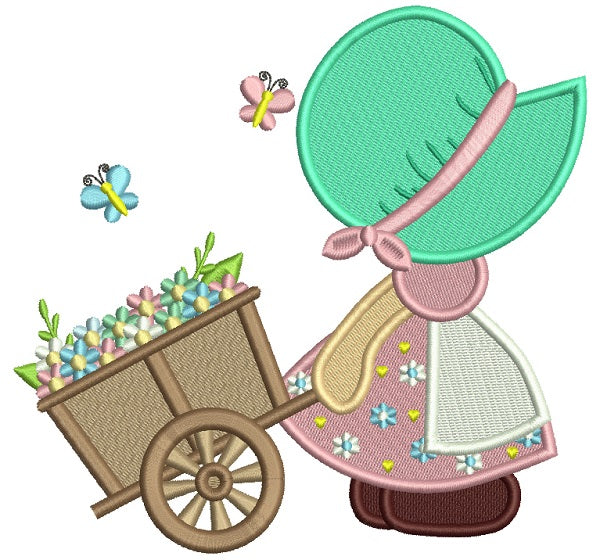 Little Girl Pulling Easter Cart Filled Machine Embroidery Design Digitized Pattern