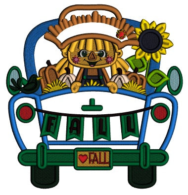 Little Girl Scarecrow In The Truck Full Of Pumpkins And Flowers Fall Applique Machine Embroidery Design Digitized Pattern