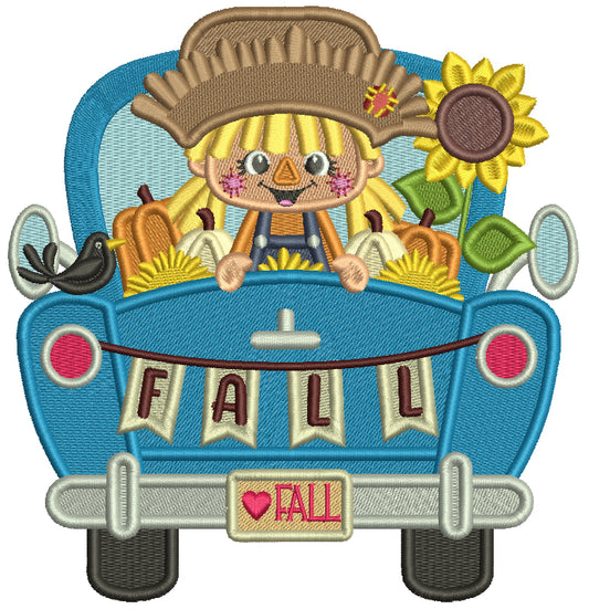 Little Girl Scarecrow In The Truck Full Of Pumpkins And Flowers Fall Filled Machine Embroidery Design Digitized Pattern