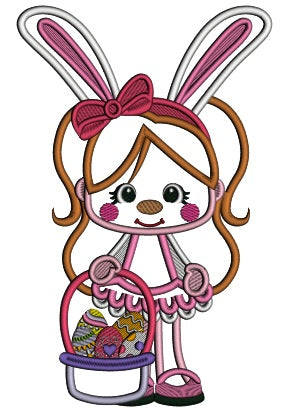 Little Girl Wearing Bunny Ears And Holding Easter Basket Applique Machine Embroidery Design Digitized