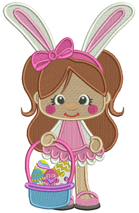 Little Girl Wearing Bunny Ears And Holding Easter Basket Filled Machine Embroidery Design Digitized